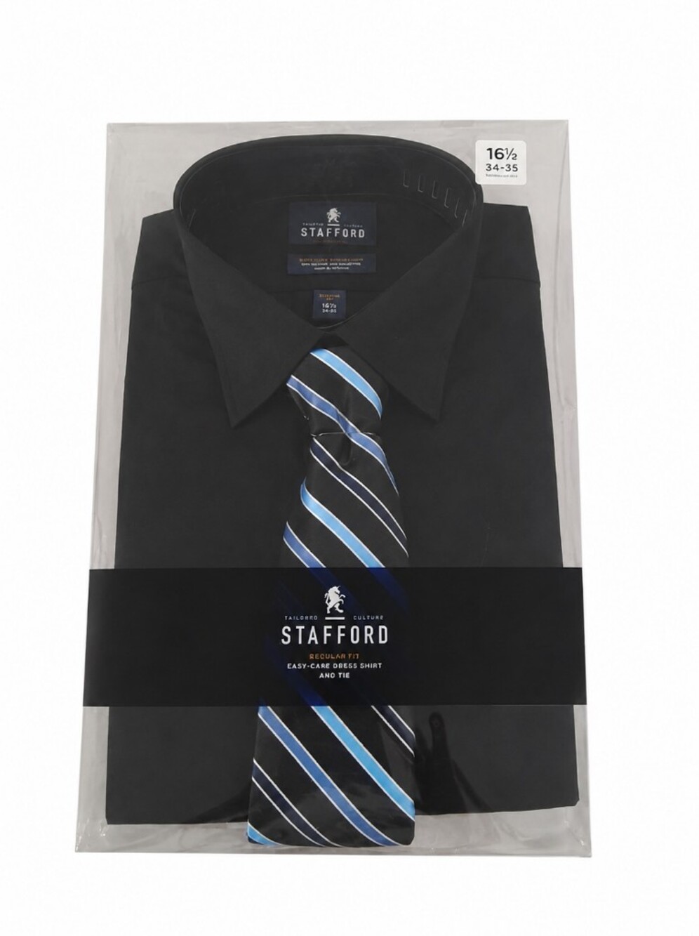 Stafford Black Dress Shirt with Blue and White Striped Tie